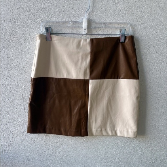 Akaiv Two-Tone Brown and Cream faux leather Skirt Fully lined Side zip - Picture 1 of 10
